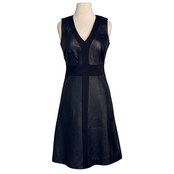 Etcetera Black Leather V-Neck Sleeveless Ponte Knit A Line Short Dress Size 4 - Picture 1 of 11